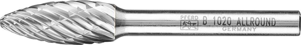 Ein zylindrischer Fräser mit spitzem Ende, beschriftet mit 'PFERD D 1020 ALLROUND' und 'GERMANY'. Kunststoff- oder Metallbearbeitungswerkzeug.