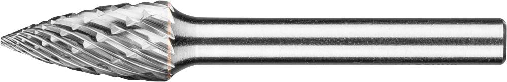 Ein zylindrischer Fräser mit kegelförmigem Kopf und gezahnten Schneidkanten, aus Metall. Geeignet für präzise Materialbearbeitung.