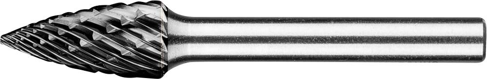 Zylinderförmiger Frässtift mit spitzem Ende und spiralförmigen Rillen aus Metall, verwendet zum Schneiden oder Formen von Materialien.