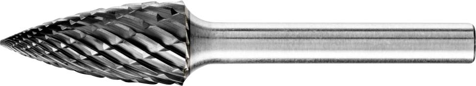 Ein metallischer Frässtift mit zylinderförmigem Schaft und kegelförmigem Kopf, auf dem spiralförmige Schärfrillen zu sehen sind.