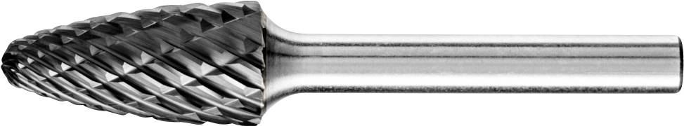 Frässtift mit kegelförmigem Kopf und rautenförmigen Schneiden, verwendet für präzises Gravieren oder Schleifen in Metallbearbeitung.