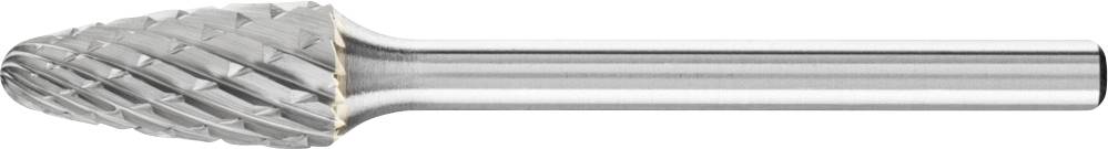 Hartmetallfrässtift mit kegelförmigem Kopf und geraden Rillen, verwendet zur Bearbeitung von Metalloberflächen.