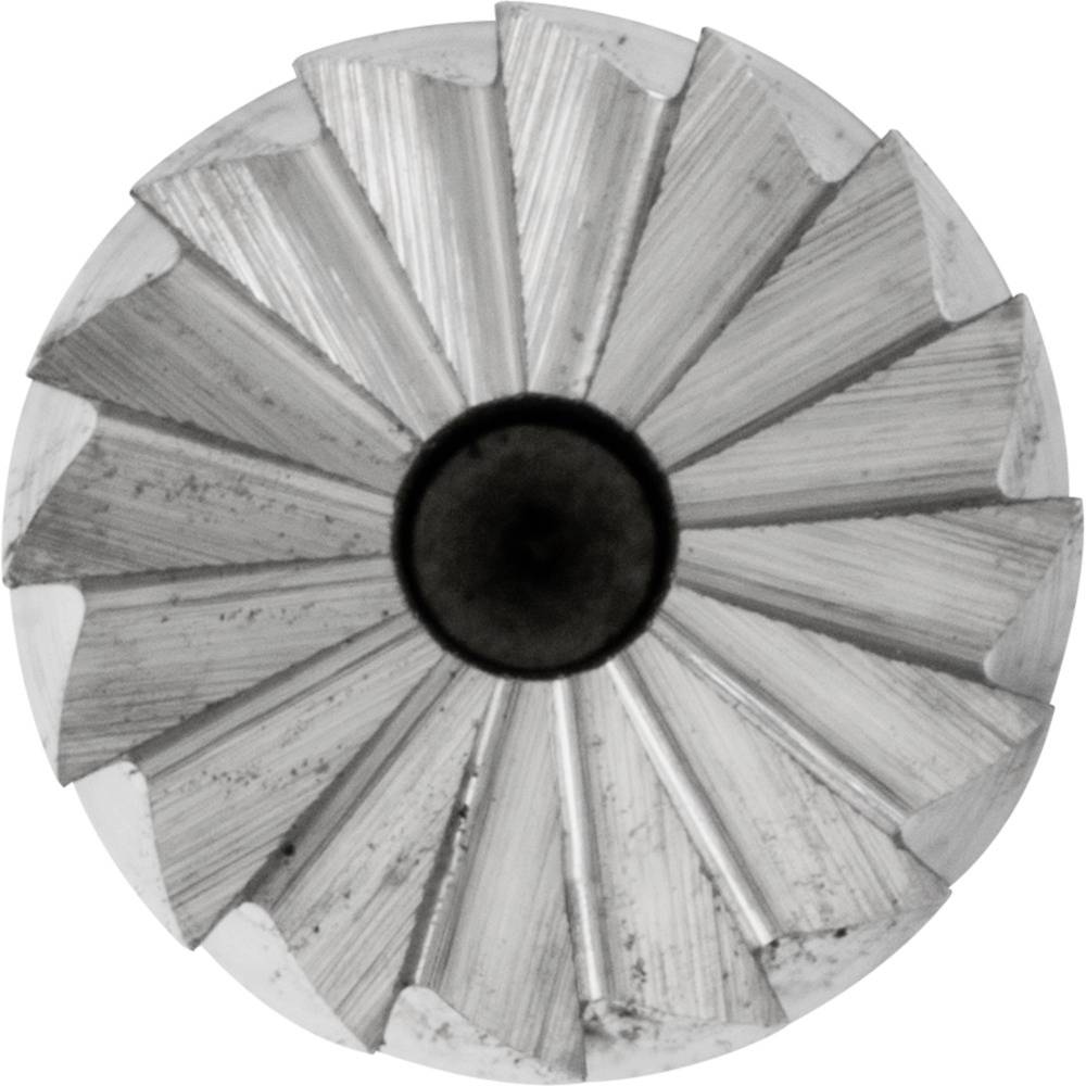 Eine silberne, metallische Fräsbohrerspitze mit radiär angeordneten Schneidkanten, dargestellt aus der Vogelperspektive.