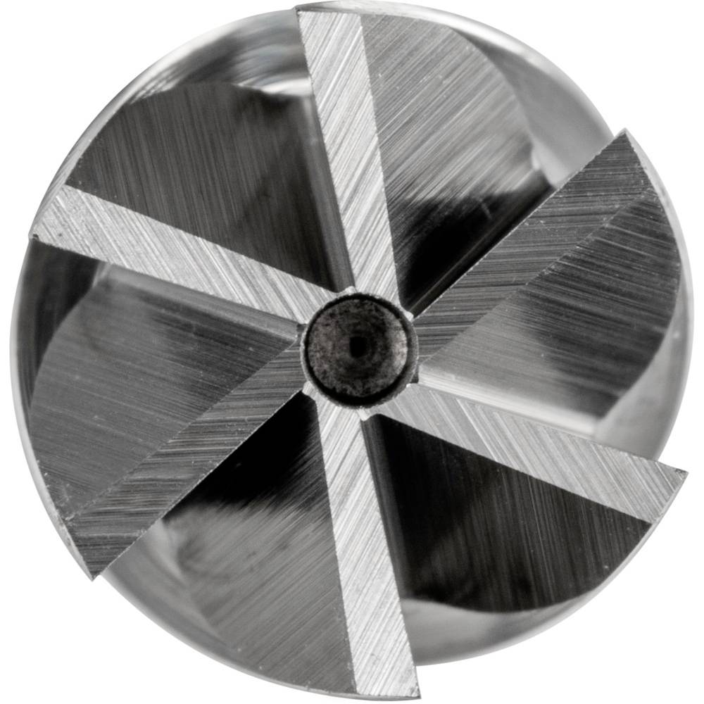 Nahaufnahme eines Metallfräsers mit scharfen Kanten und symmetrischen Schneiden, verwendet für Präzisionsbearbeitung in der Industrie.