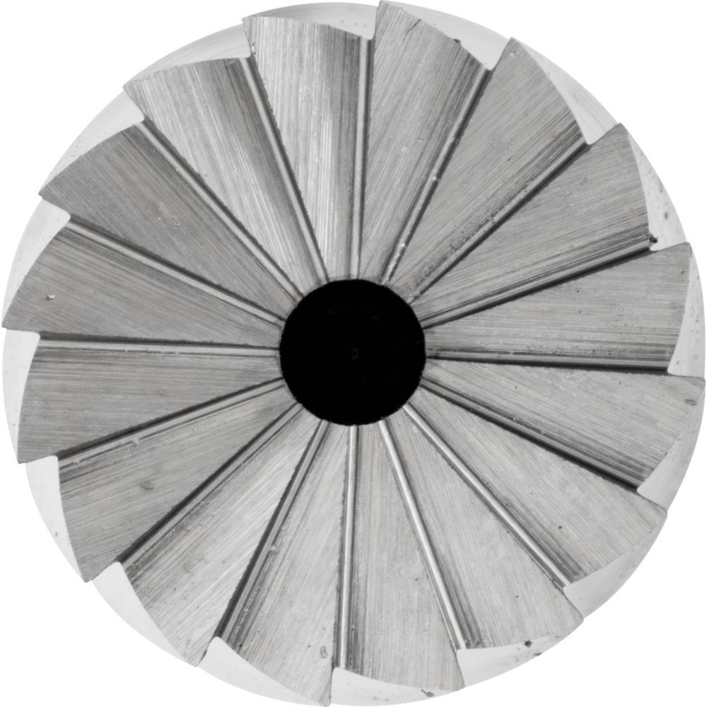 Ein runder, silberner Metallfächer mit gleichmäßig angeordneten, dreieckigen Elementen um einen schwarzen Mittelpunkt.