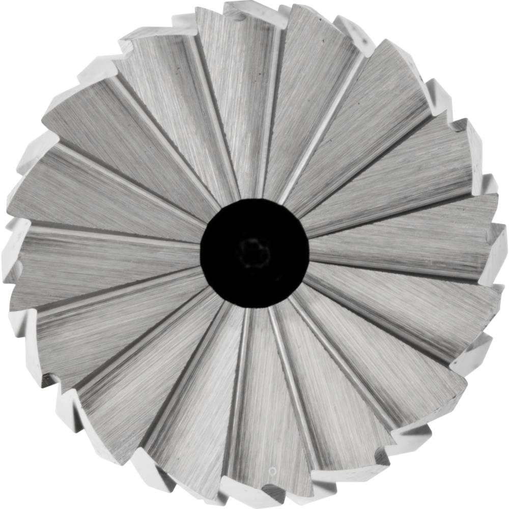 Eine graue, metallische Kreissägeblatt mit vielen scharfen Zähnen, radial angeordnet, von oben betrachtet.