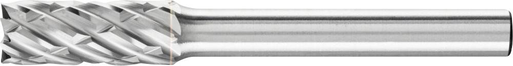 Ein zylindrischer Fräser mit kreuzverzahnten Schneidekanten aus glänzendem Metall. Geeignet für präzise Fräsarbeiten.