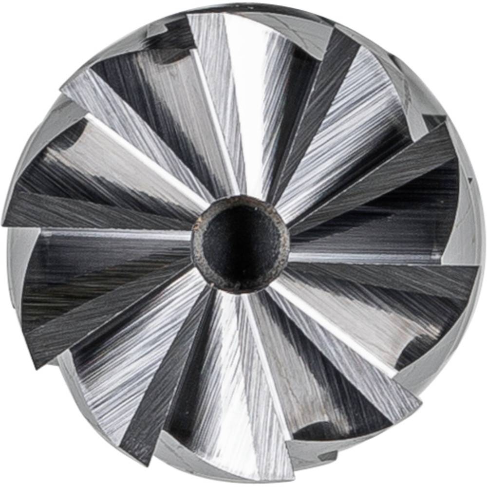 Nahaufnahme eines kreisförmigen Metallfräsers mit mehreren scharfen Klingen und einem zentralen Loch, verwendet für Präzisionsbearbeitung.