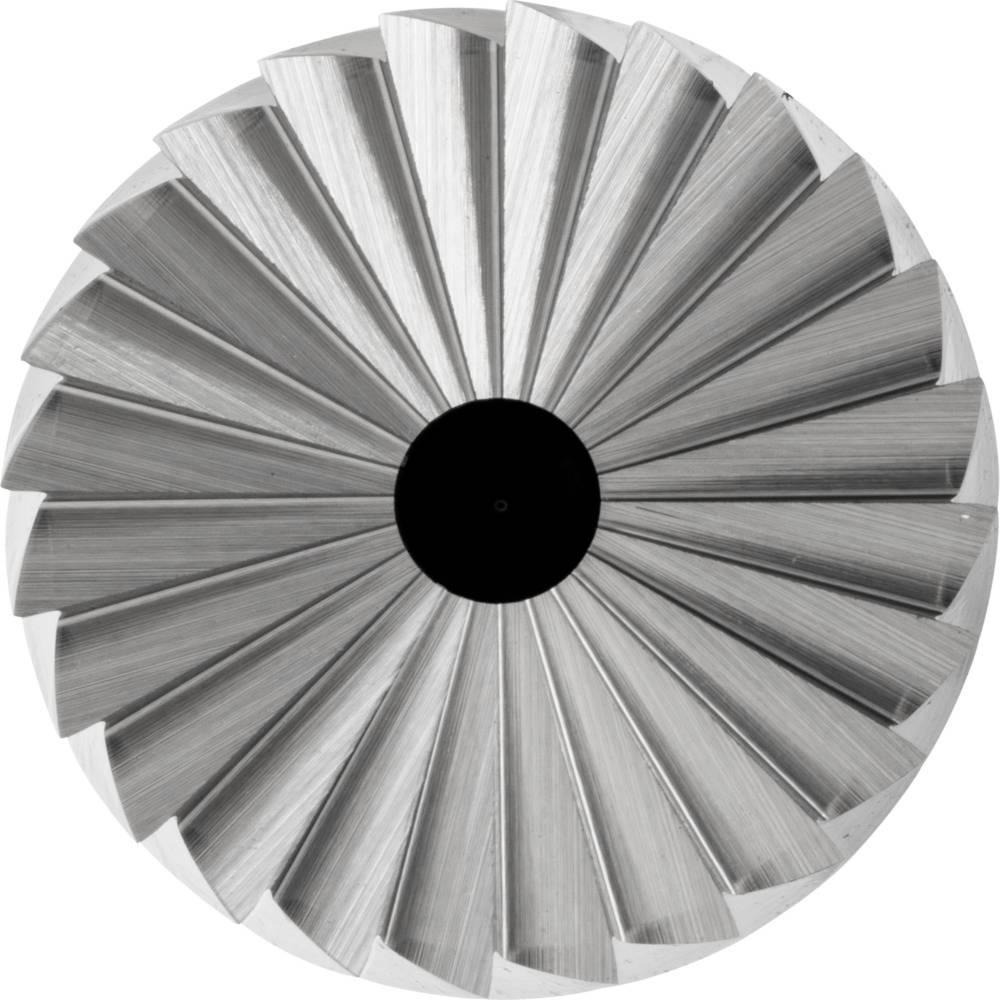 Ein silbernes, metallisches Turbinenrad mit mehreren symmetrischen Blättern zeigt eine radiale Anordnung um die zentrale schwarze Nabe.