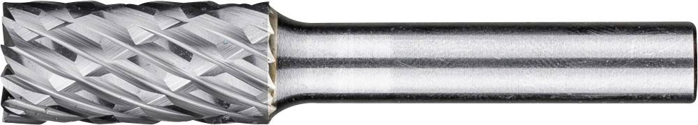 Ein rotierender Frässtift aus Metall mit geriffelter Schneide zum Schleifen und Polieren von Materialien. Silverne Zylinderform, scharfkantig.