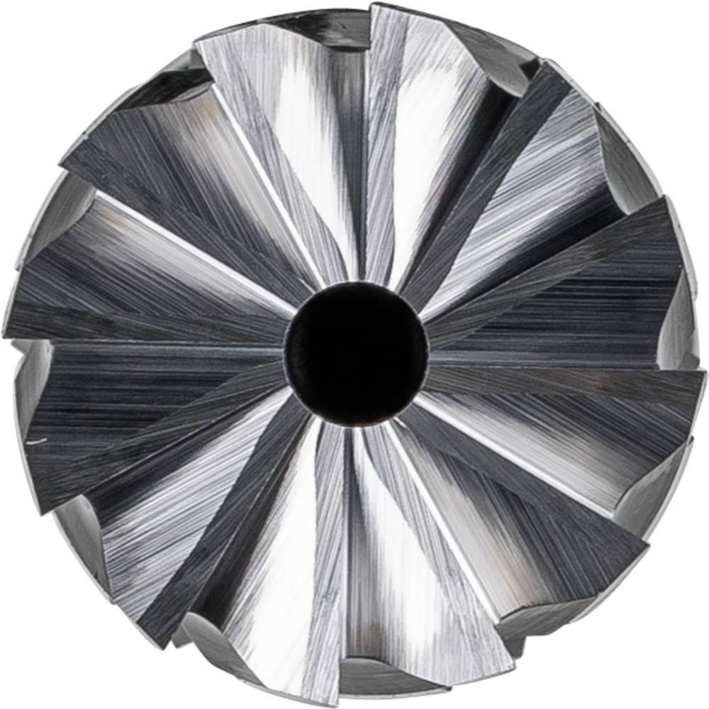 Metallbohrer mit spiralförmigen Klingen. Ansicht von oben zeigt geometrisches Muster und zentrale Öffnung.