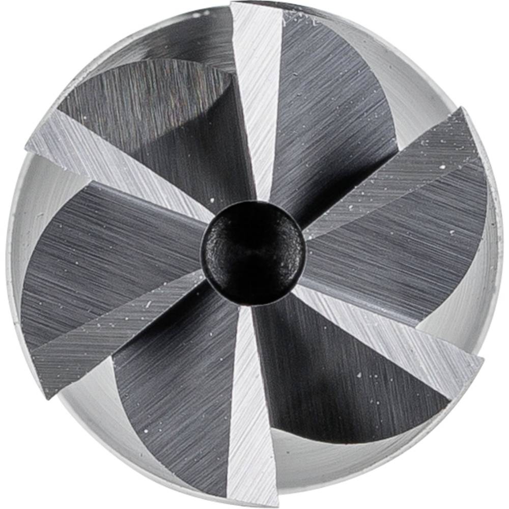Die Abbildung zeigt die Spitze eines Fräsers mit mehreren geschwungenen Schneidkanten aus Metall, optimal für präzise Bearbeitungen.