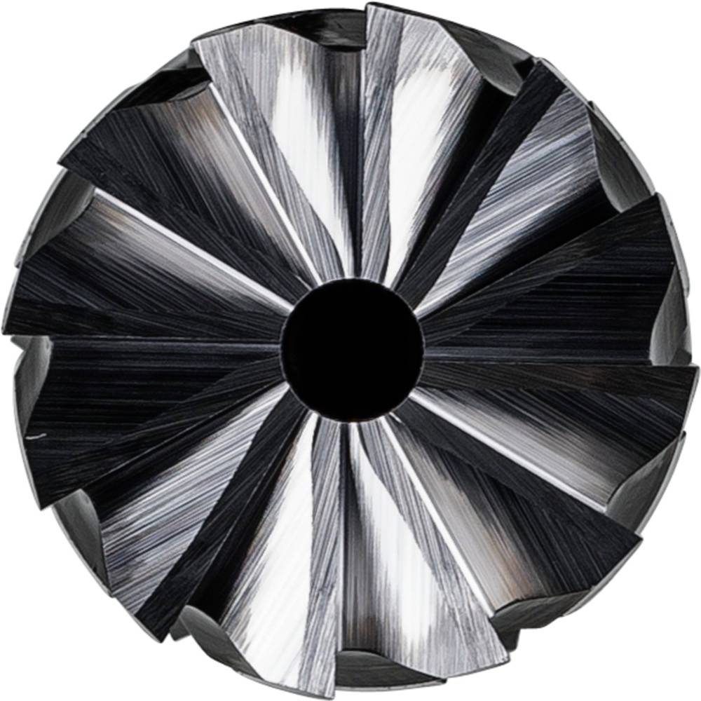 Draufsicht auf einen rotierenden Metallfräser mit mehreren scharfen Klingen zur Bearbeitung von Materialien.