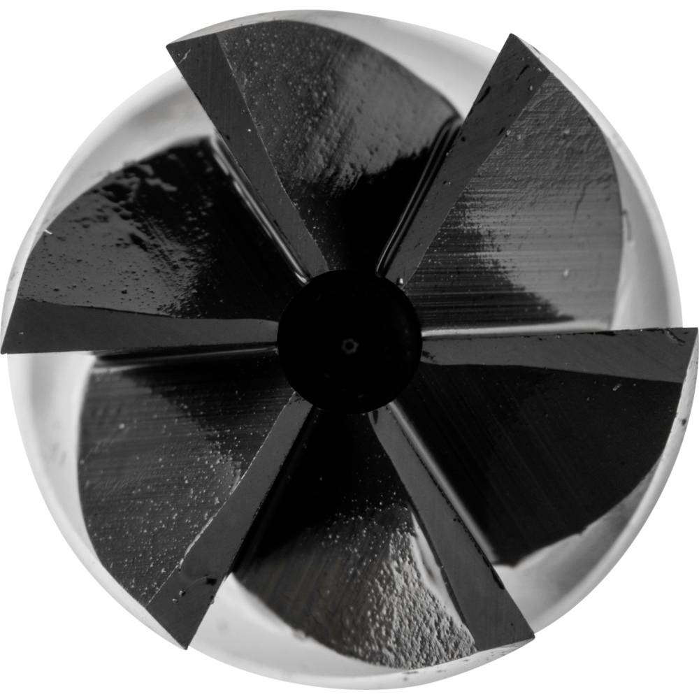 Schwarz-graues, propellerartiges Plastikobjekt mit sechs Klingen in einem kreisförmigen Gehäuse von oben betrachtet.