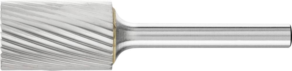 Silberner Schaftfräser mit spiraliger Verzahnung. Hauptsächlich in der Metallbearbeitung eingesetzt für präzises Fräsen und Schleifen.