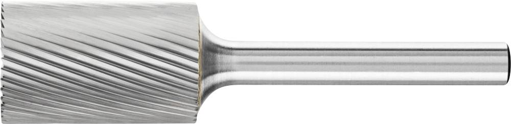 Ein Frässtift mit spiralförmigen Schneidzähnen aus Metall, seitliche Ansicht zeigt die komplexe Struktur, geeignet für präzise Bearbeitung.