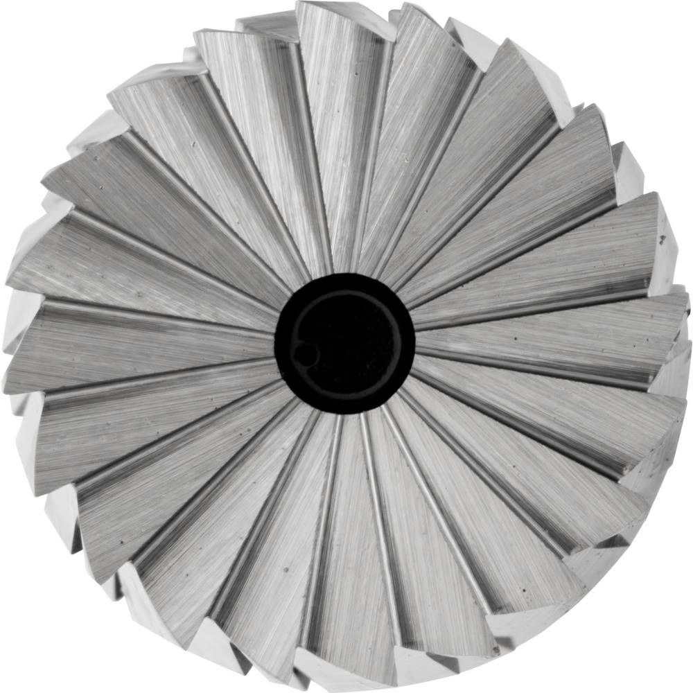 Ein radial angeordneter, scharfkantiger Metallfräser, von oben gesehen, hebt sich durch seine symmetrischen, gezackten Zähne hervor.