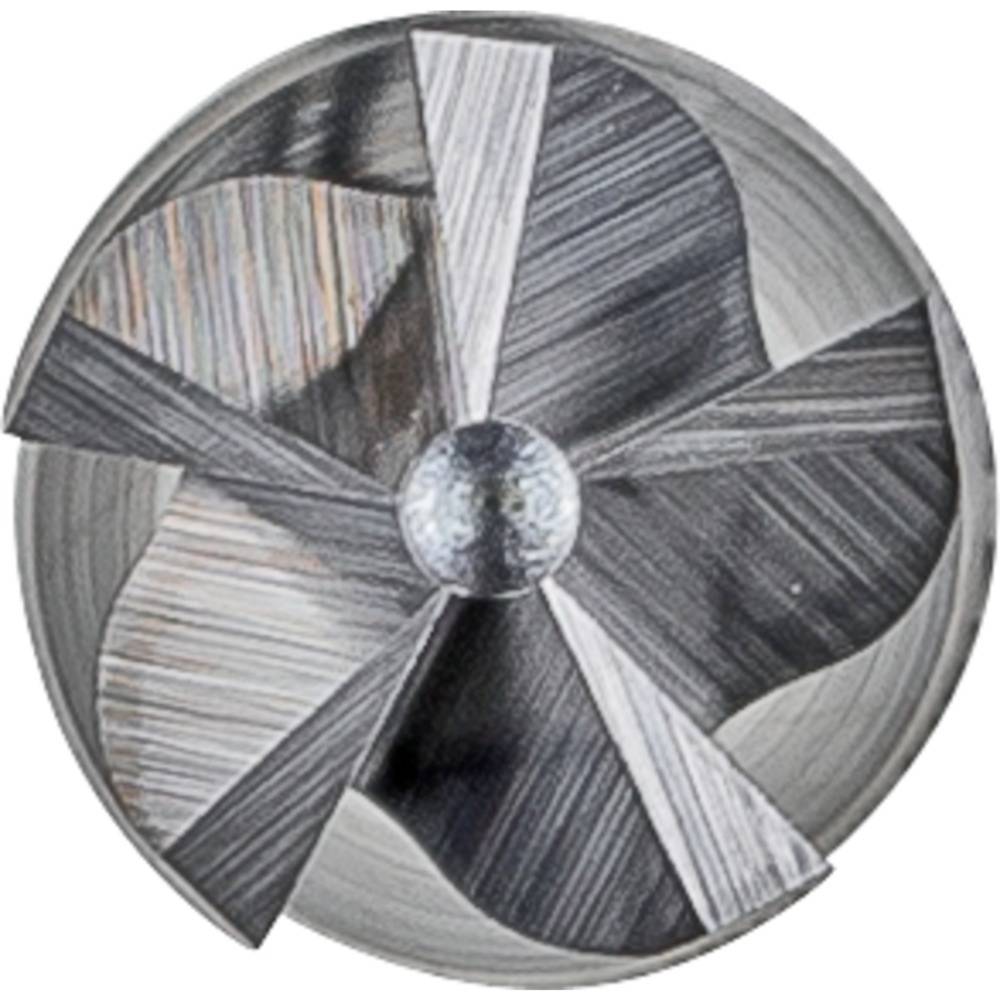 Ein kreisförmiges, metallisches Gebilde mit einem spiralförmigen Muster und abwechselnd glänzenden und matten Flächen.