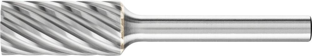 Ein Frässtift mit spiralgefräster Oberfläche und metallischem Glanz. Das Werkzeug hat einen zylindrischen Schaft.