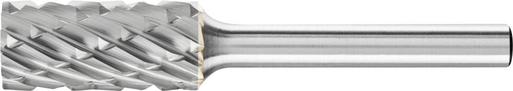 Silberner Frässtift mit kreuzweise angeordneten Klingen für die Metallbearbeitung, zeigt die Seitenansicht des Werkzeugs.
