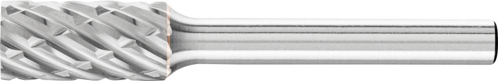 Silberner Frässtift mit zylindrischem Schaft und kreuzverzahntem Schneidkopf, geeignet für präzise Metallbearbeitung.