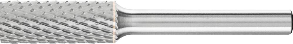 Ein rotierender Frässtift mit zylindrischem Kopf und grobem Kreuzschliff, verwendet zum Formen und Glätten von Metallen oder anderen Materialien.