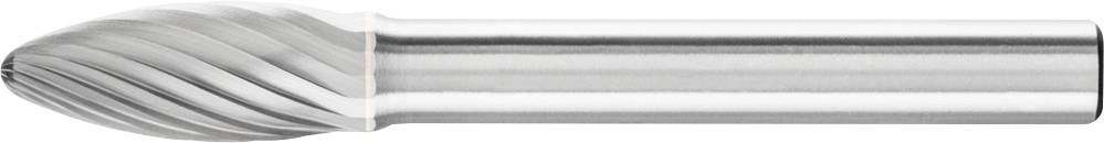 Zu sehen ist ein rotierender Frässtift aus Metall mit spiralförmigen Rillen und einer spitz zulaufenden Kuppe.
