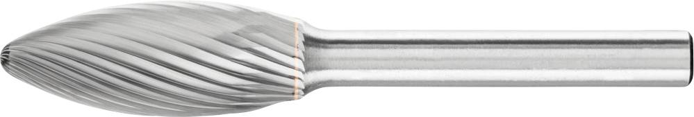 Metallfräser in Birnenform mit scharfen, spiralförmigen Zähnen, geeignet für präzise Schleif- und Schneidarbeiten auf Metalloberflächen.