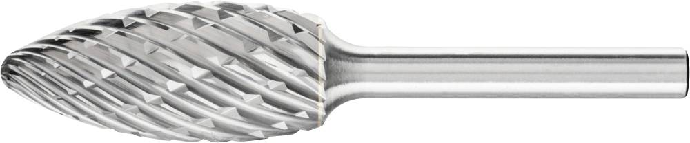 Metallfräser in Tropfenform mit spiralförmigen Schneiden auf einem kurzen Schaft. Ideal für präzise Metallbearbeitung.