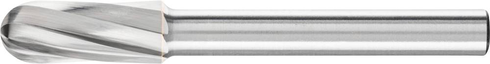 Ein metallischer Fräser mit spiralförmigen Schneiden, zylindrischer Schäfter. Verwendet in der Metallbearbeitung.