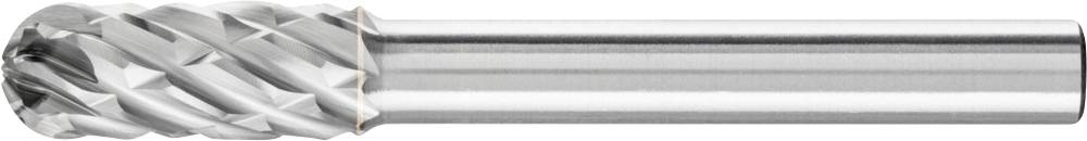 Ein zylindrisches Fräswerkzeug aus Metall mit spiralförmigen Schneidzähnen auf der Oberseite.
