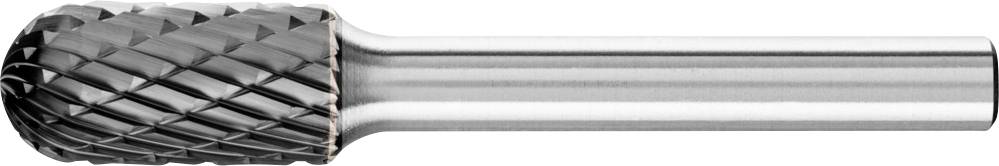 Ein silberner Frässtift mit kreuzschraffiertem Schneidkopf, geeignet für präzises Bearbeiten von Metallen und anderen Materialien.