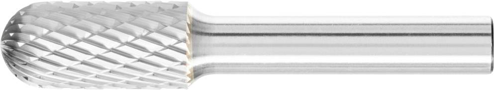 Ein silberner Frässtift mit kugelförmiger Spitze und rautenförmigem Schneidbereich, verwendet zum Schleifen und Formen von Materialien.