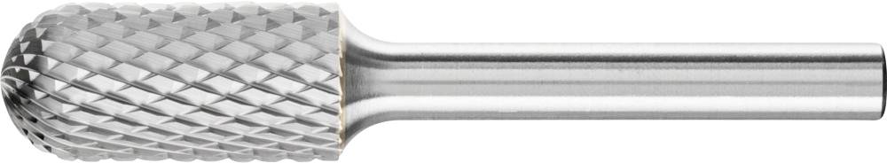 Zylindrischer Frässtift aus Metall mit rautenförmiger Verzahnung, geeignet für die Bearbeitung von harten Materialien.