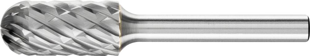 Metallfräser mit ovalem Kopf und kreuzschraffierten Schneidkanten, geeignet zum Bearbeiten von Metalloberflächen und zur Formgebung.