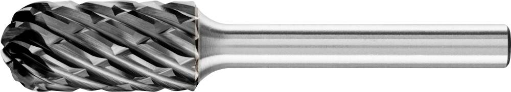 Ein zylindrischer Frässtift mit kreuzförmigen Schneidetiefen auf einer Metallhalterung. Geeignet für präzises Schneiden in Metall.