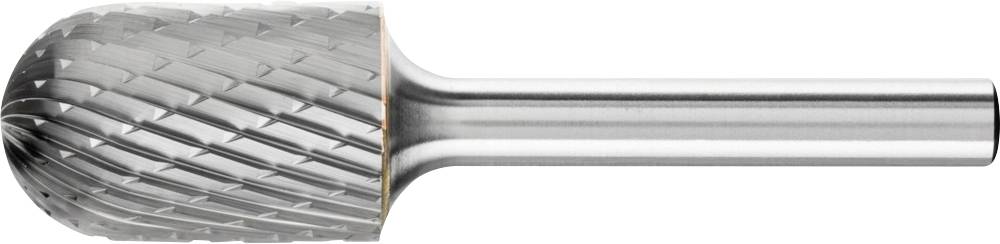 Ein zylindrischer Hartmetallfräser mit einem strukturierten, kugelförmigen Kopf und glattem Schaft, zum Schleifen von Metall.