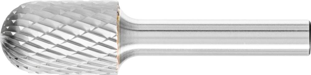 Zylinderförmiger Frässtift mit runder Spitze und schräg geriffelter Textur, verwendet für präzise Materialbearbeitung in der Metallverarbeitung.