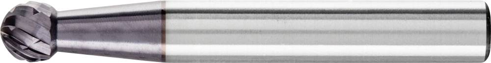 Ein Fräser aus glänzendem Metall mit runder Spitze und mehreren Schneidezähnen, geeignet für die Bearbeitung harter Materialien.