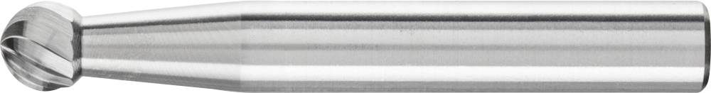 Ein silberner, konischer Metallfräser mit spiralförmiger Schneide, seitlich liegend.