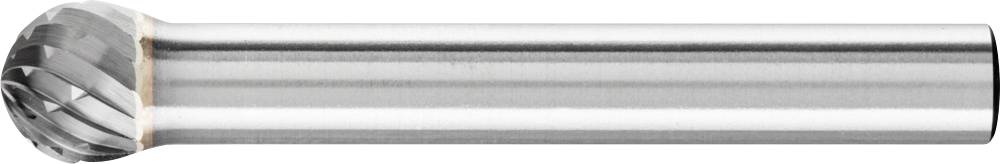 Ein zylindrisches, silbernes Fräswerkzeug mit kugelförmiger Spitze, verwendet für präzise Metallbearbeitung.