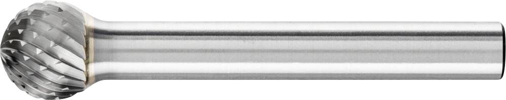 Ein silberner Frässtift mit kugelförmigem, gezahntem Kopf, geeignet für Schleif- und Fräsarbeiten in Metall oder Holz.