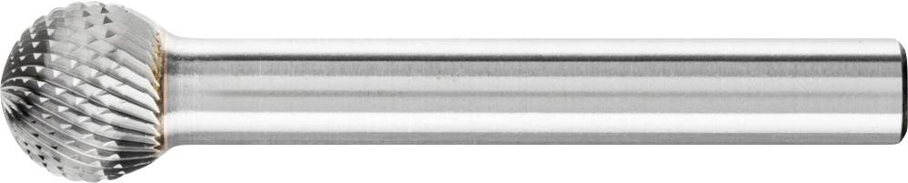 Ein kugelförmiger Fräser mit geriffelten Schneiden aus Stahl, verwendet zum Bearbeiten von Materialien wie Holz oder Metall, auf weißem Hintergrund.