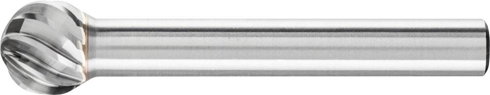 Metallfräser: Ein kugelförmiger Fräskopf aus glänzendem Metall mit spiralförmigen Schneiden, befestigt an einem zylindrischen Schaft.