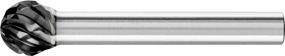 Ein kugelförmiger Fräskopf mit spiralförmigen Schneiden, ideal für Metallbearbeitung, zeigt detaillierte Schneidekanten auf dem zylindrischen Schaft.