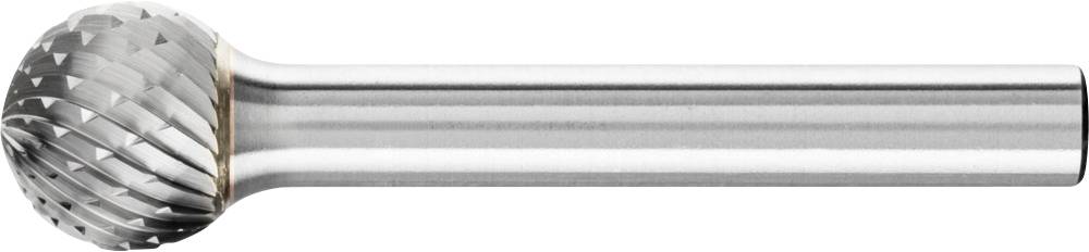 Ein kugelförmiger Fräser aus Metall mit engem, spiralförmigem Schneidemuster. Verwendet für präzise Bearbeitungsanwendungen.