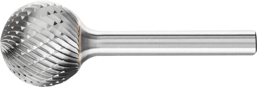 Frässtift mit kugelförmigem Kopf und geriffelter Oberfläche, zur Metallbearbeitung eingesetzt. Silbern glänzend mit geraden Linien.
