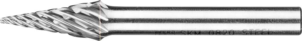 Ein konischer Frässtift aus Metall mit spiralförmigen Schneidkanten, verwendet zum Schleifen oder Formen von Metallen und Kunststoffen.