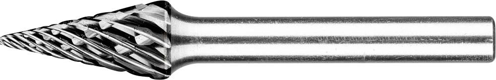 Ein Gratfräser mit konischer Form und geripptem Schneidemuster, aus Metall gefertigt, geeignet für Präzisionsarbeiten in der Metallbearbeitung.