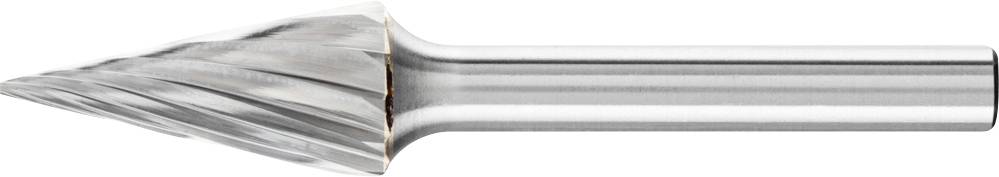Ein rotierender Fräser mit konischer Form aus Metall, verwendet zur Metallbearbeitung, zeigt eine spiralförmige Schneide.